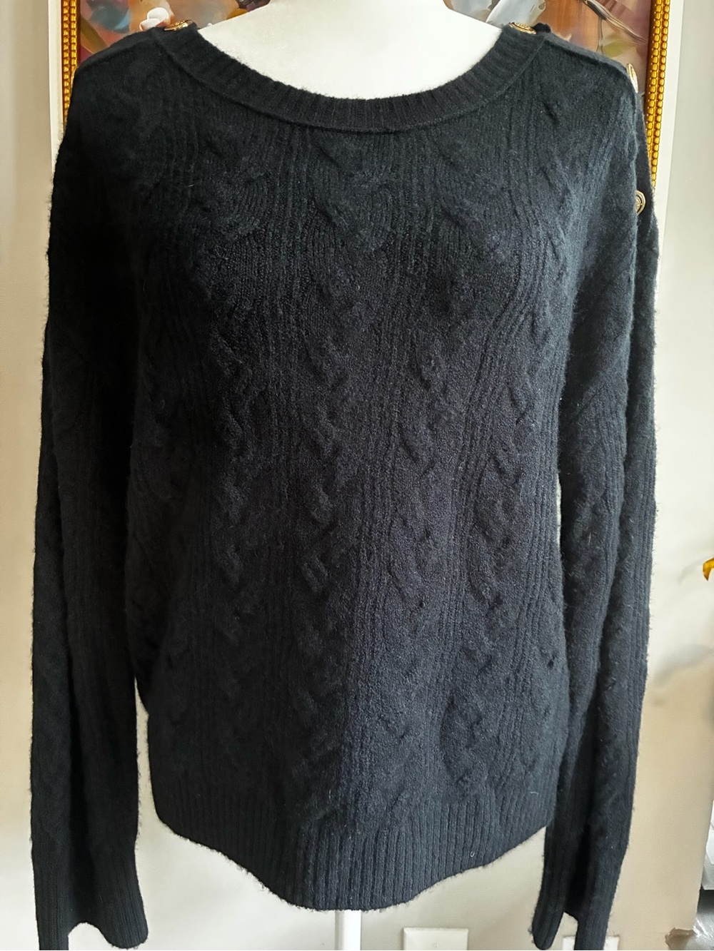 J Crew black cable knit wool blend sweater button shoulders size medium